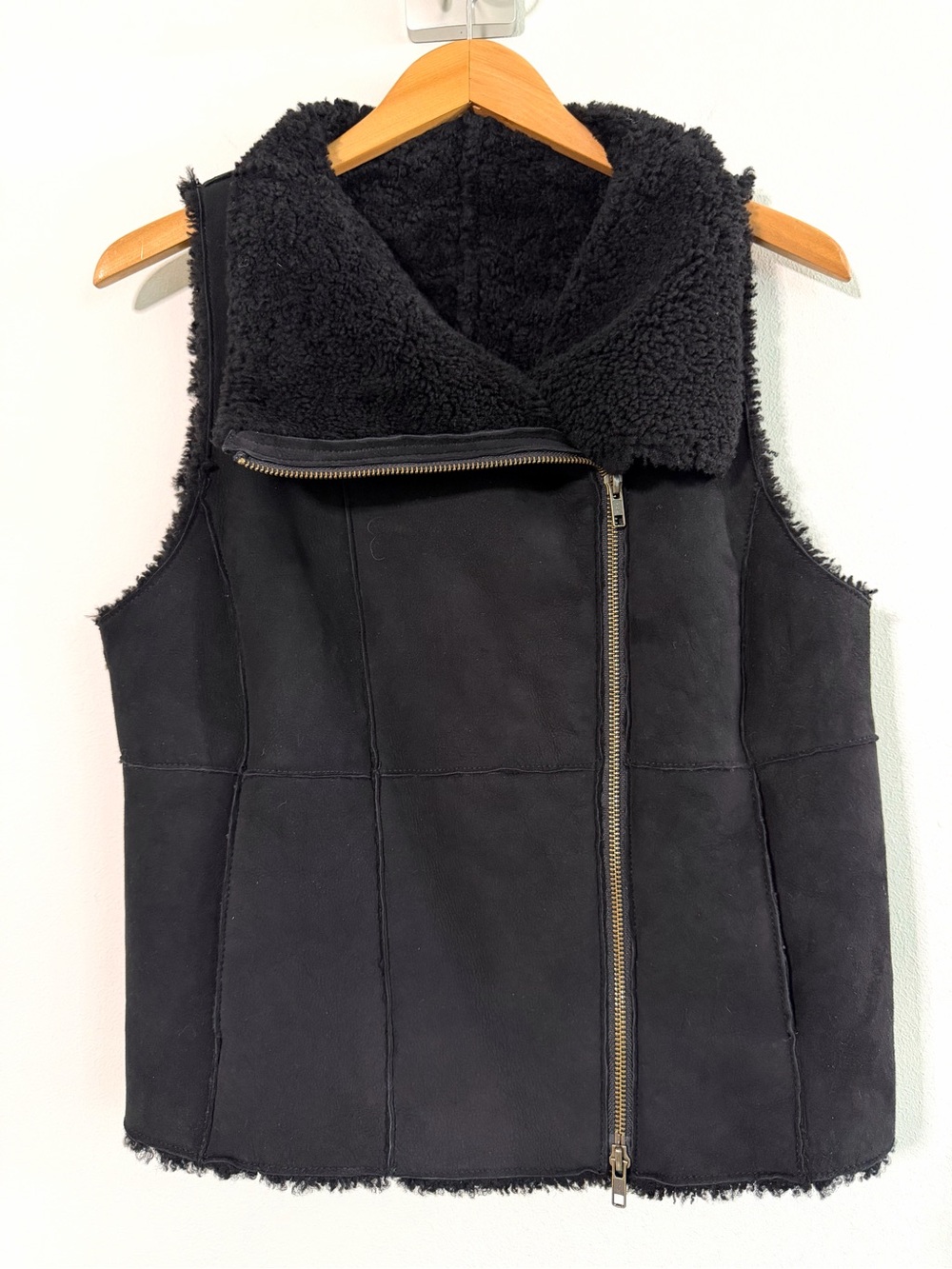 Eileen Fisher "The Fisher Project" 100% Lamb Shearling Black Moto Vest XS NWOT